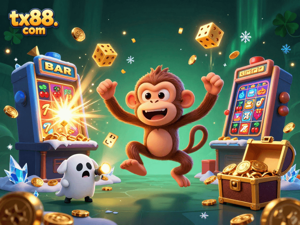 Experience thrilling gaming at tx88. com with a vibrant 3D cartoon illustration featuring a mischievous monkey juggling golden casino treasures.