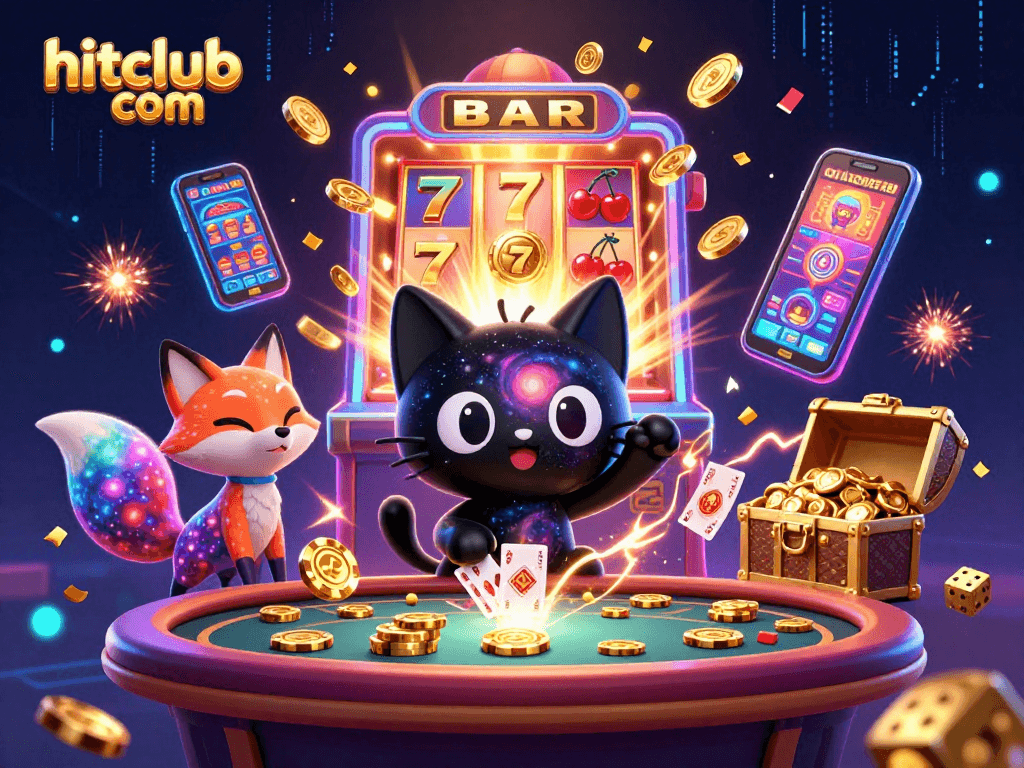 Experience the thrill of gaming at hitclub com with a cosmic feline at the casino table.