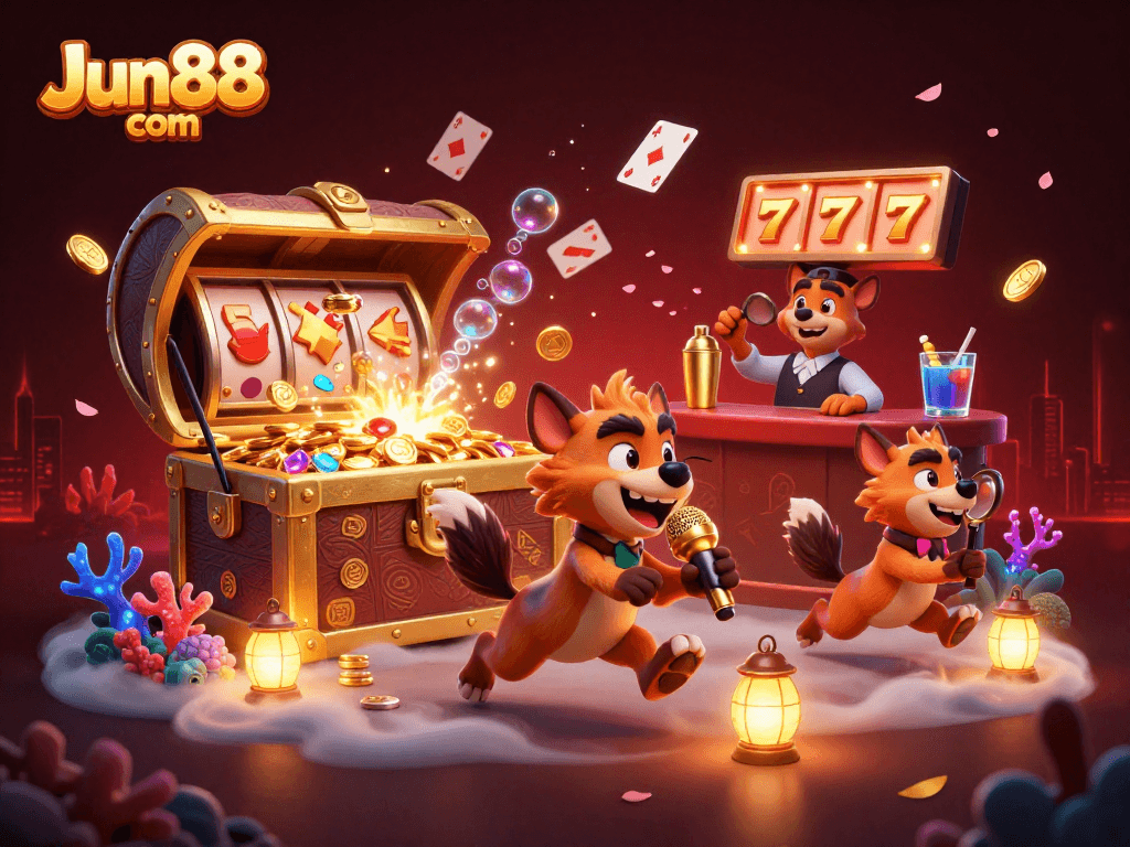 Experience the lively atmosphere of Jun88 com's casino with hyenas, gold treasures, and gaming action.