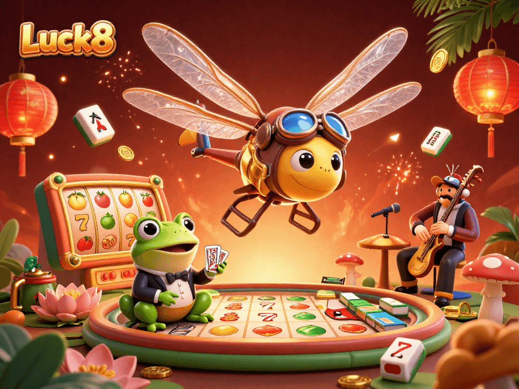 Luck8 engages players with a thrilling slot scene featuring vibrant characters, a jackpot, and dynamic visual elements.