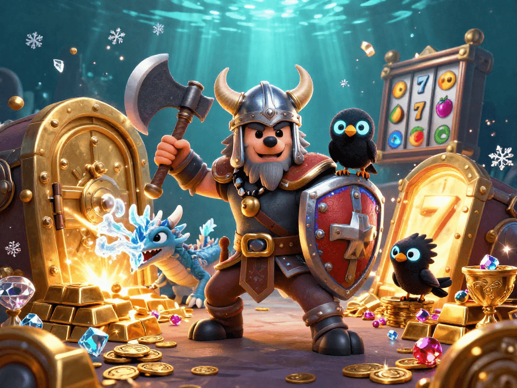 Experience thrilling slots action with the 98win Viking warrior and dragon amidst treasures and vibrant game symbols.