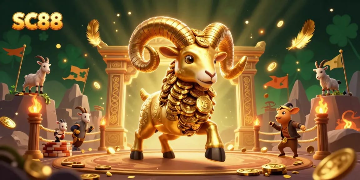 Engage in thrilling gameplay at SC88 with a golden ram charging through a casino arena.