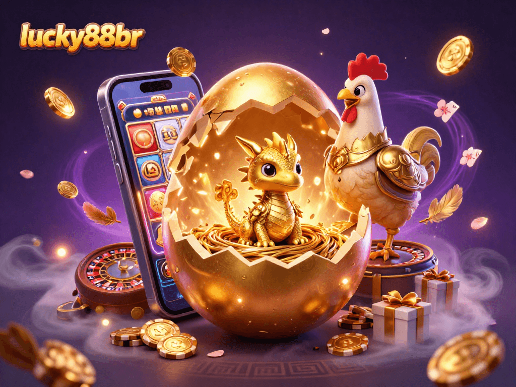 Play exciting games at lucky88br, showcasing a golden dragon amid golden poker chips and vibrant casino elements
