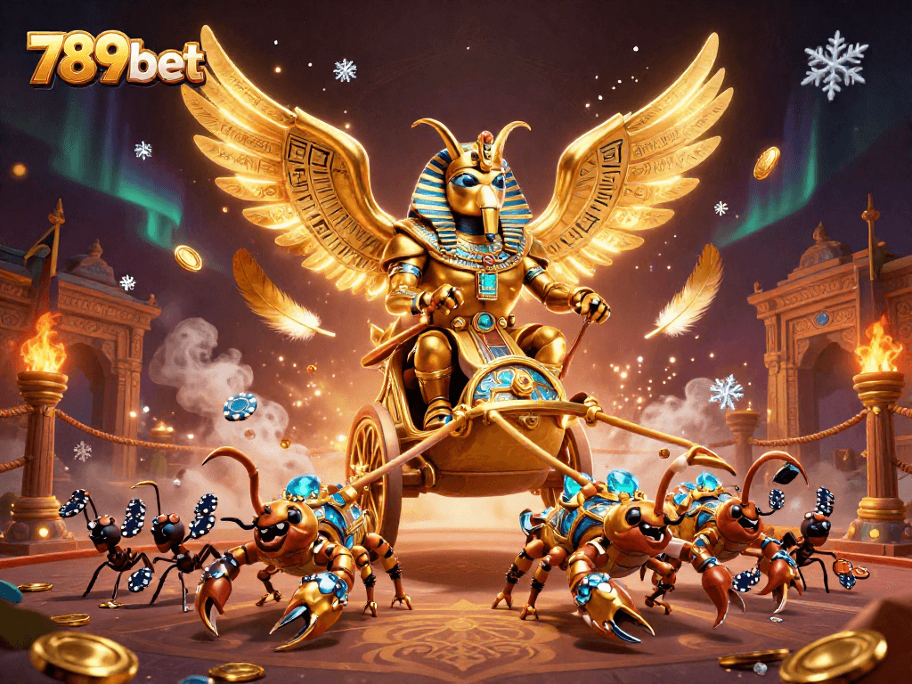Engage in thrilling gameplay at 789bet with a golden scarab beetle in a dynamic casino-themed scene.