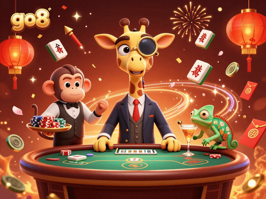 Engaging scene depicting go8 with a high-roller giraffe, monkey valet, and chameleon bartender in a vibrant casino.