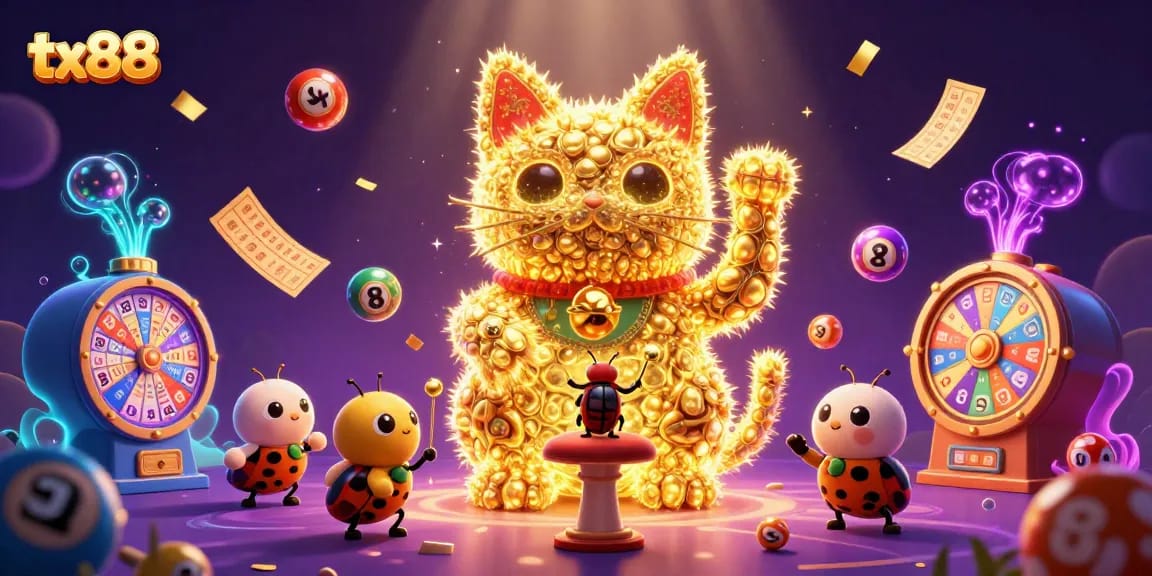 Experience vibrant gaming moments with tx88's golden lucky cat amid dynamic casino elements.
