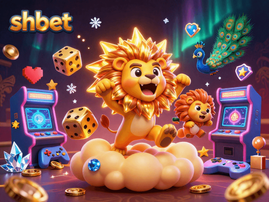 Shbet showcases a golden lion roaring triumphantly amidst vibrant gaming elements, emphasizing exciting gambling experiences.