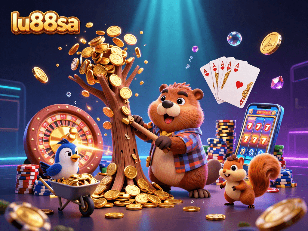 Watch lu88sa's cartoon beaver collect golden coins in a casino-themed 3D illustration