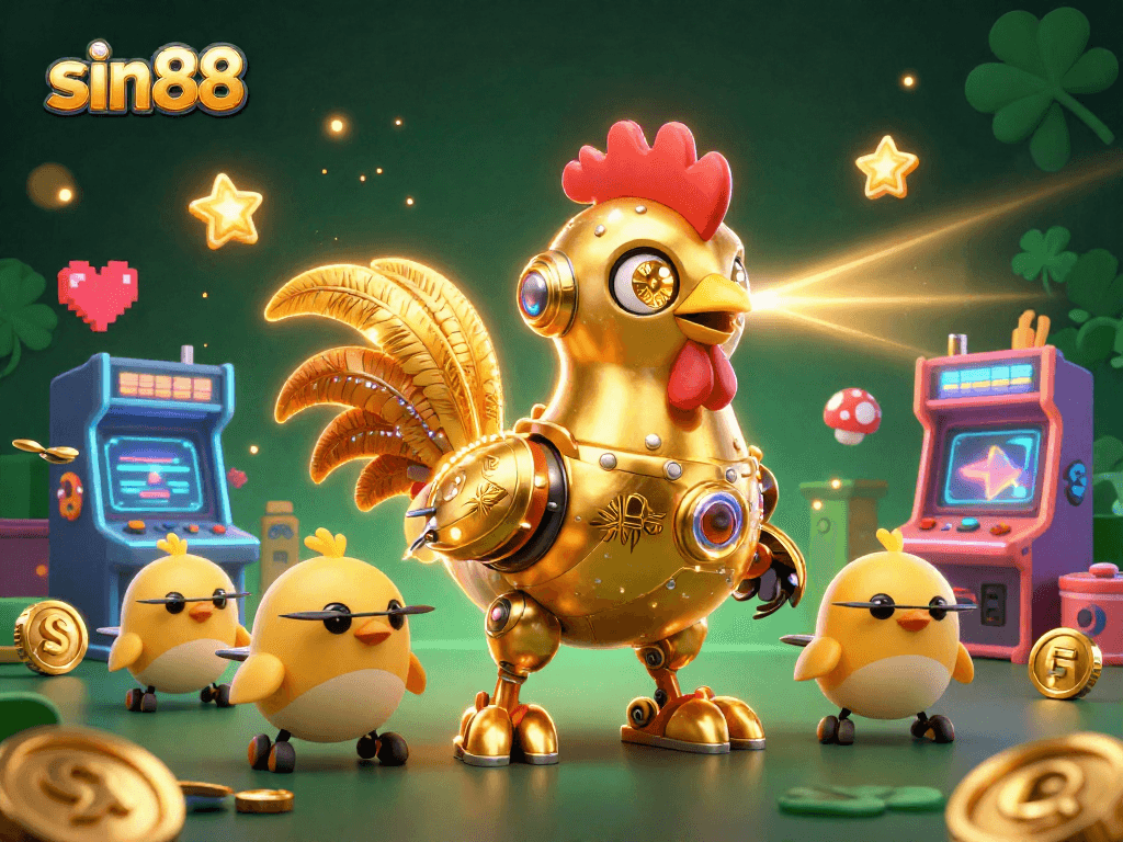 Engage with sin88’s energetic gaming scene featuring a golden rooster robot and arcade machines.