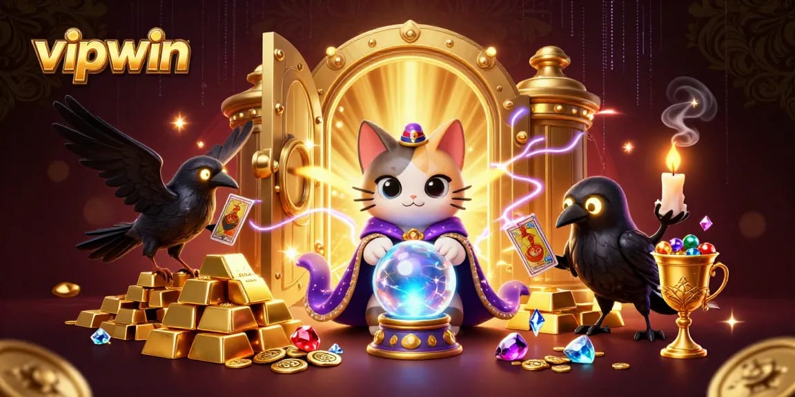 Experience excitement at vipwin with fortune teller and raven in a magical casino scene.