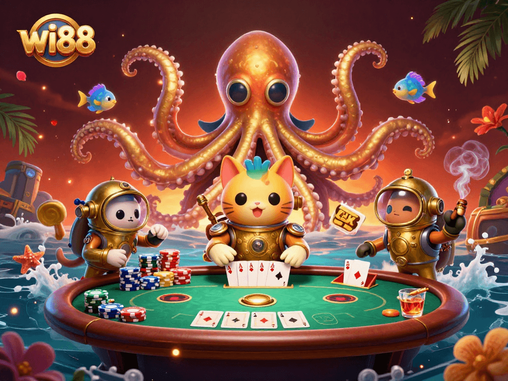Engage with immersive wi88 gaming illustrated by a kraken, diving cat, and vibrant casino elements.