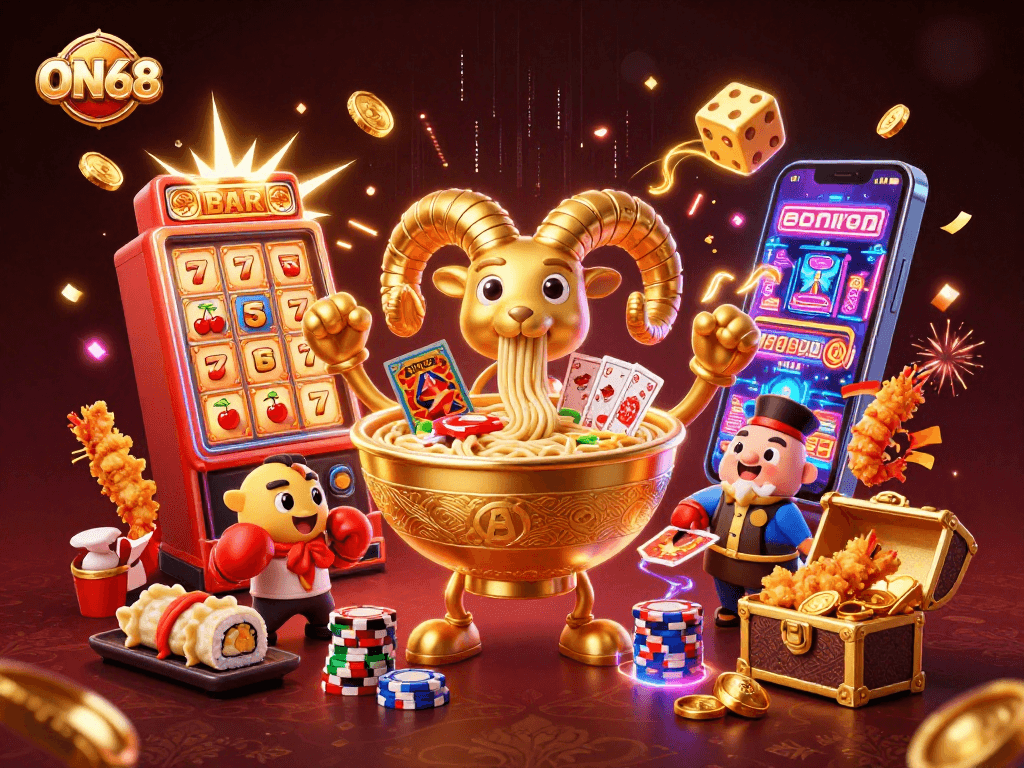 Experience excitement on ON68 with a vibrant casino scene featuring dynamic 3D characters and jackpot elements.