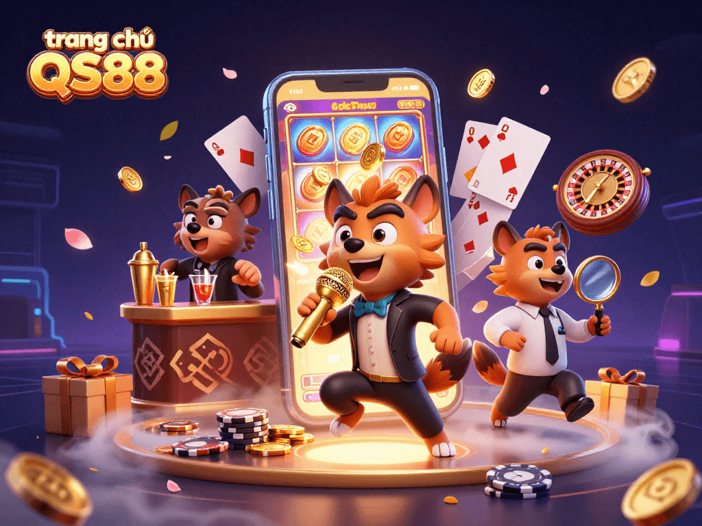 Experience the fun at trang chủ QS88 with hyenas running a comedy casino club, showcasing slots and vibrant games.
