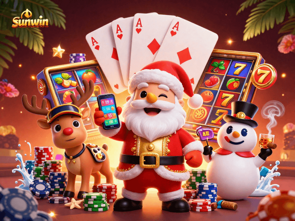 Experience jackpot excitement with sunwin's festive casino scene blending fun characters and vibrant slot elements.
