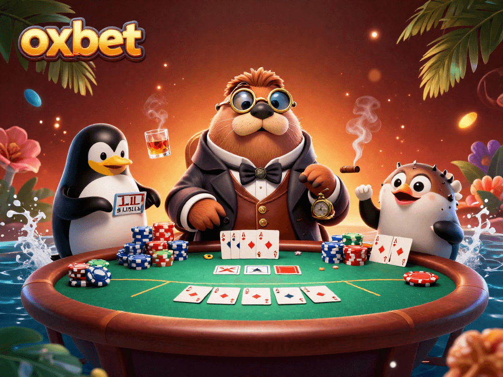 Play poker with oxbet as a jolly walrus, penguin dealer, and bluffing pufferfish in a rich underwater setting.