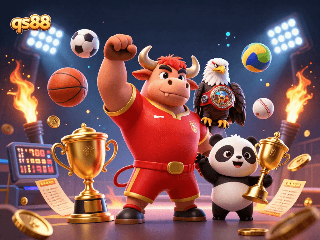 qs88 delights players with an energetic scene featuring a bull and eagle celebrating sports betting triumphs.