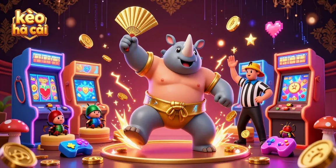 Engaging scene of kèo nhà cái with a beetle champion amidst colorful casino game elements.