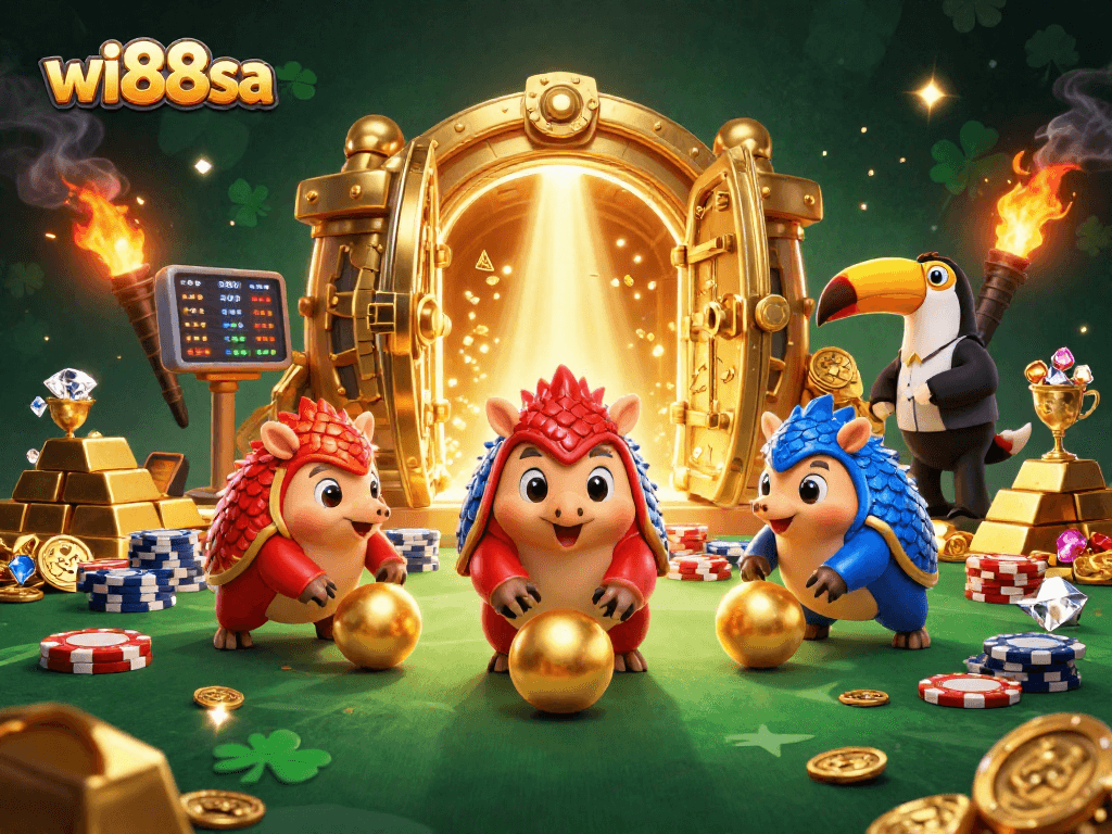 Engage in thrilling casino action with wi88sa featuring vibrant pangolins and poker chips.