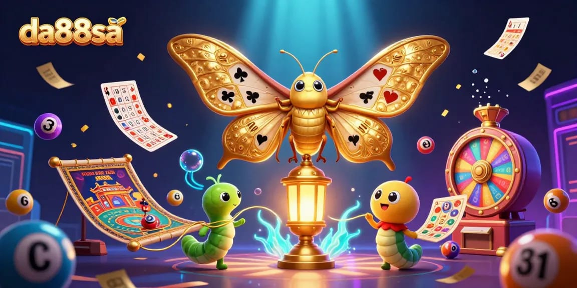 Engage with da88sa in a vibrant 3D illustration showcasing lottery elements and a golden moth.