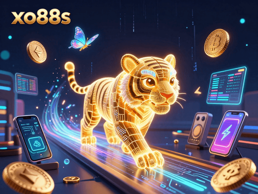 Experience the excitement of xo88s with a neon-lit casino landscape featuring dynamic characters and vibrant game elements.