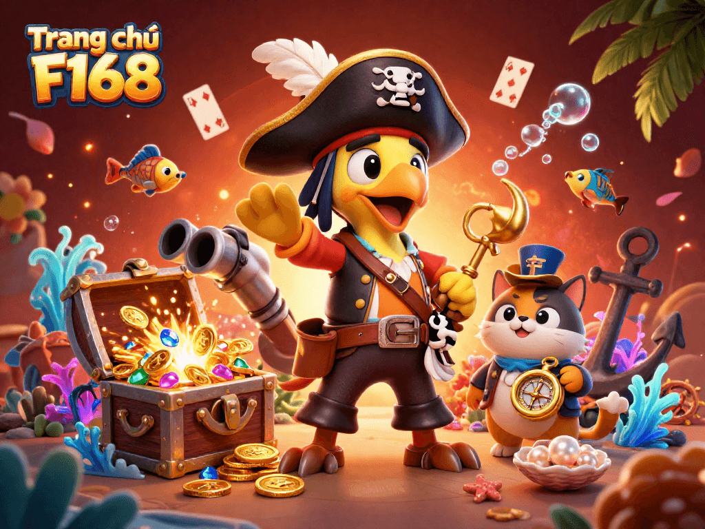 Engage with thrilling games at Trang chủ F168, featuring a vibrant pirate-themed casino scene with treasure and cards.