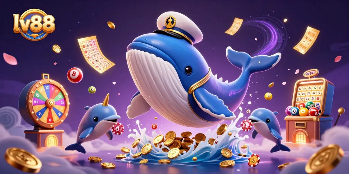 Experience lv88 excitement with a whimsical scene of a whale and narwhal amidst casino elements.
