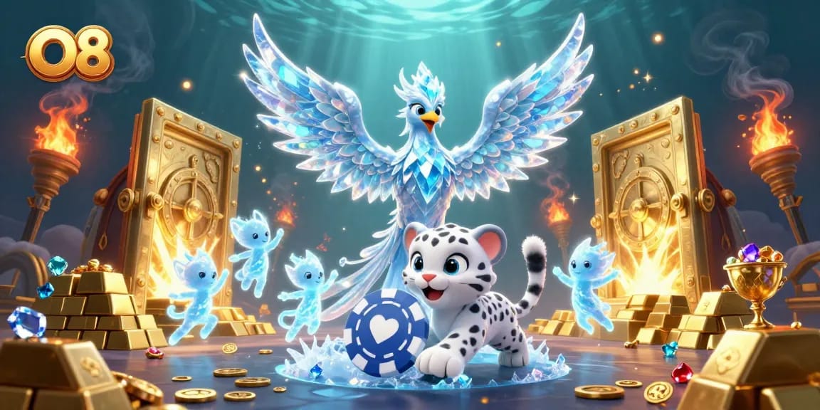 Play exciting games at O8, featuring colorful characters and a dazzling treasure vault.