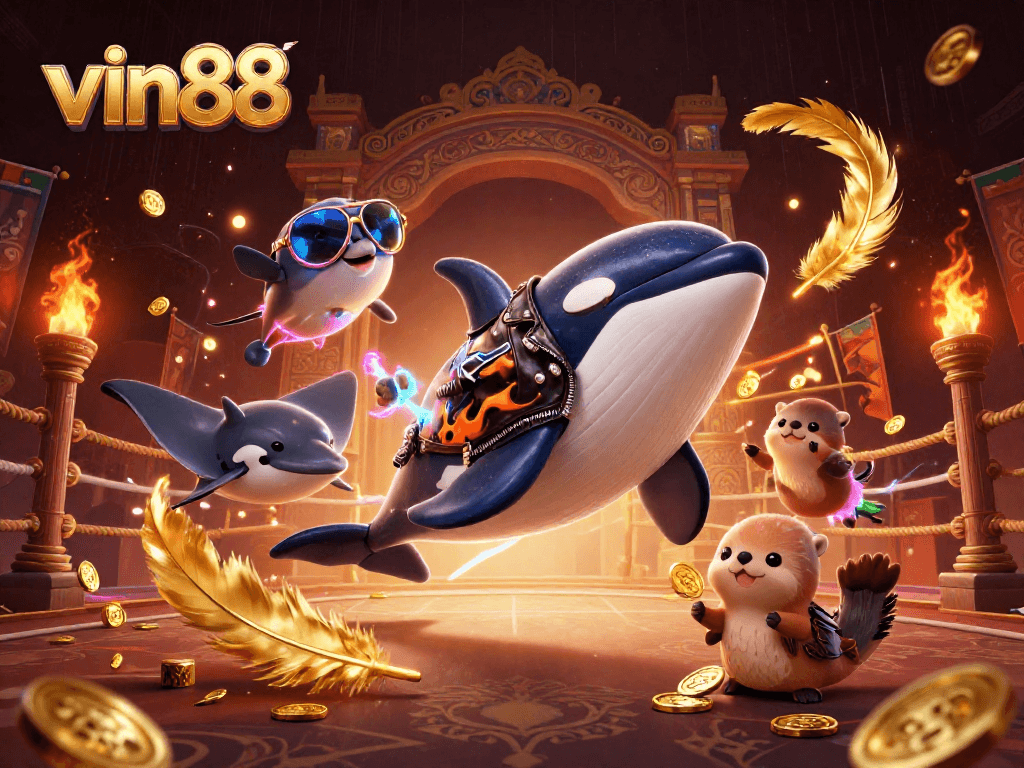 vin88 depicts an orca in a biker jacket jumping among sea creatures and floating otters with coins, celebrating casino excitement.