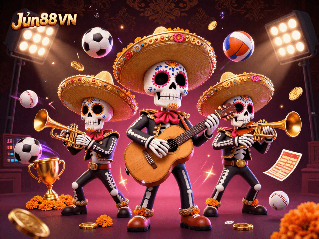Experience exhilarating wins with Jun88 VN, featuring vibrant illustrations of a mariachi band and dynamic sports elements.