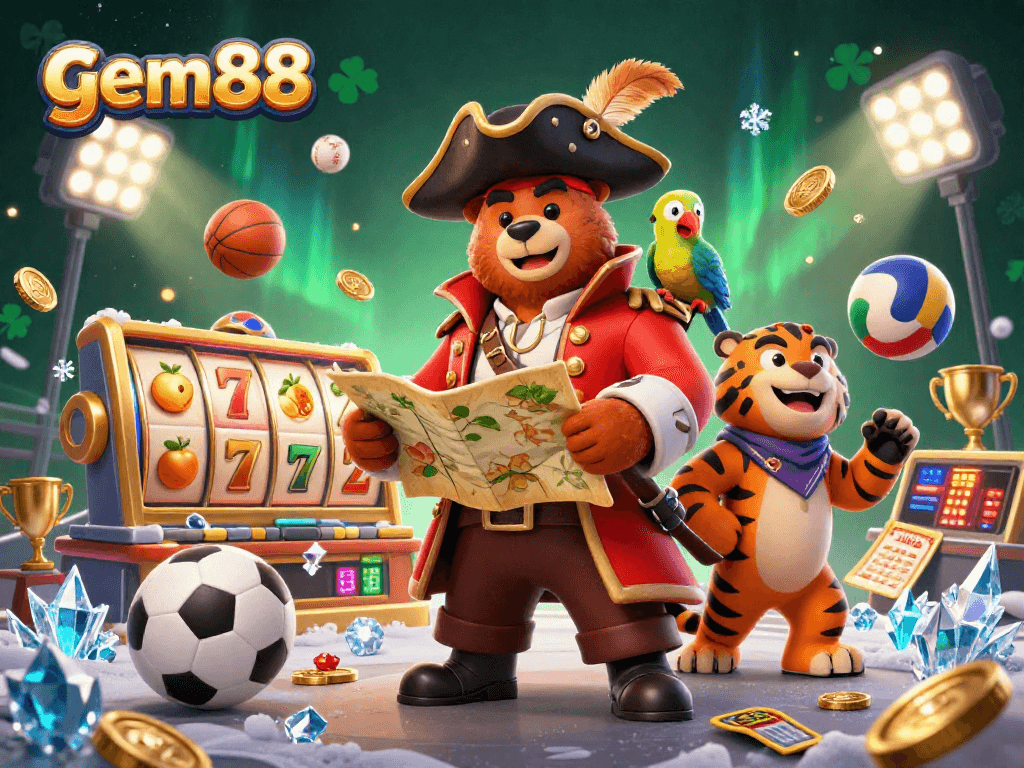 Join the adventure at gem88 with a 3D cartoon scene showcasing exciting slot reels and pirate-themed characters.