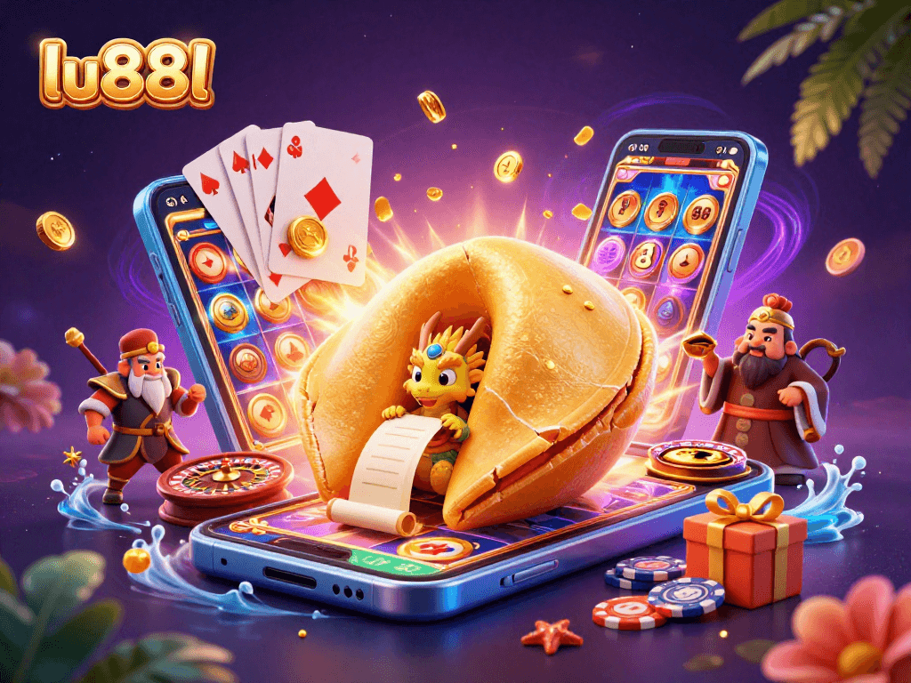 Experience excitement at lu88l with a dynamic scene of fortune cookie characters and vivid gaming elements.