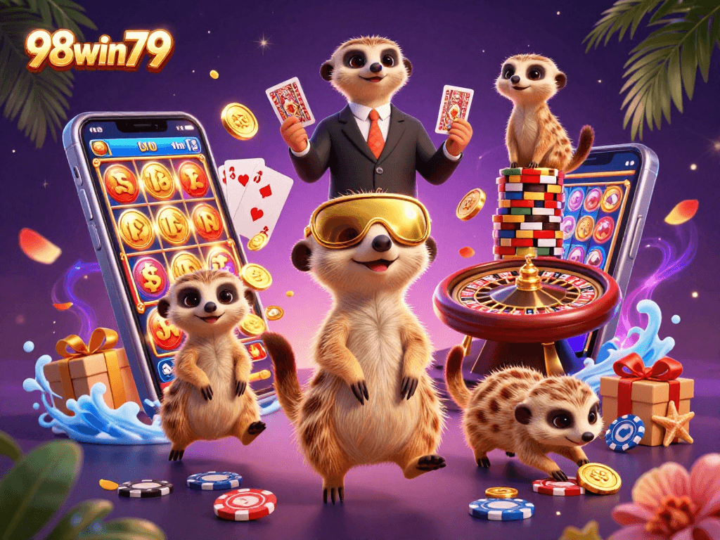 Experience thrilling gameplay with 98win79 as meerkats orchestrate an exciting casino scene.