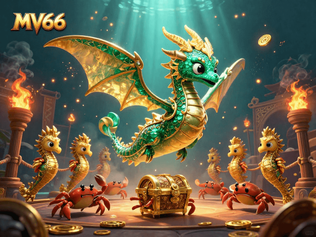 Experience the thrill of MV66 with a 3D illustration of a sea dragon treasure hunt in a vibrant casino setting.