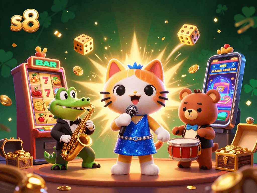 S8 casino scene with colorful characters and jackpot symbols creating an immersive gaming atmosphere.