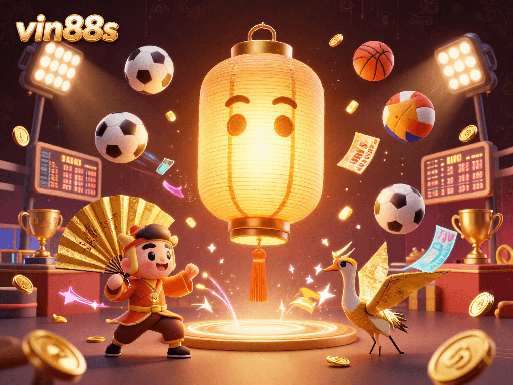 Engage in thrilling gambling experiences at vin88s casino with sports betting elements, illuminating lantern spirit, and vibrant visuals.