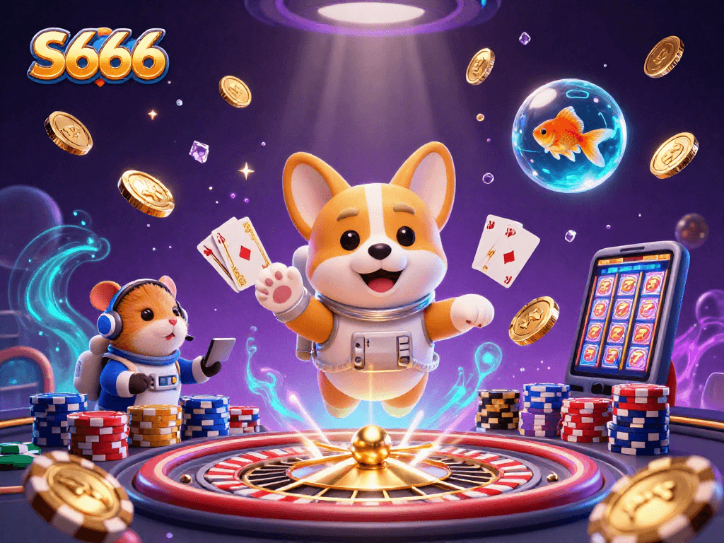 Experience the thrilling world of S666 with a vibrant 3D scene featuring an astronaut corgi and playful casino elements.