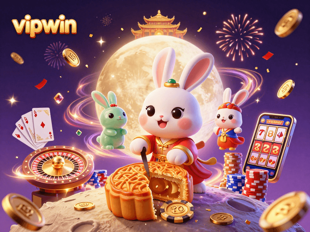 Experience vipwin's thrilling casino atmosphere with a playful moon rabbit revealing poker chips in a vibrant scene.