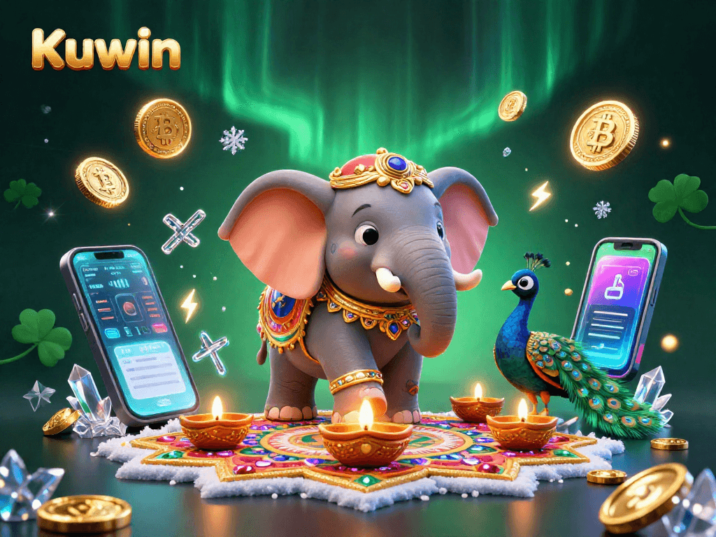 Engage with Kuwin casino excitement through vibrant 3D illustrations of gold-themed characters and crypto elements.