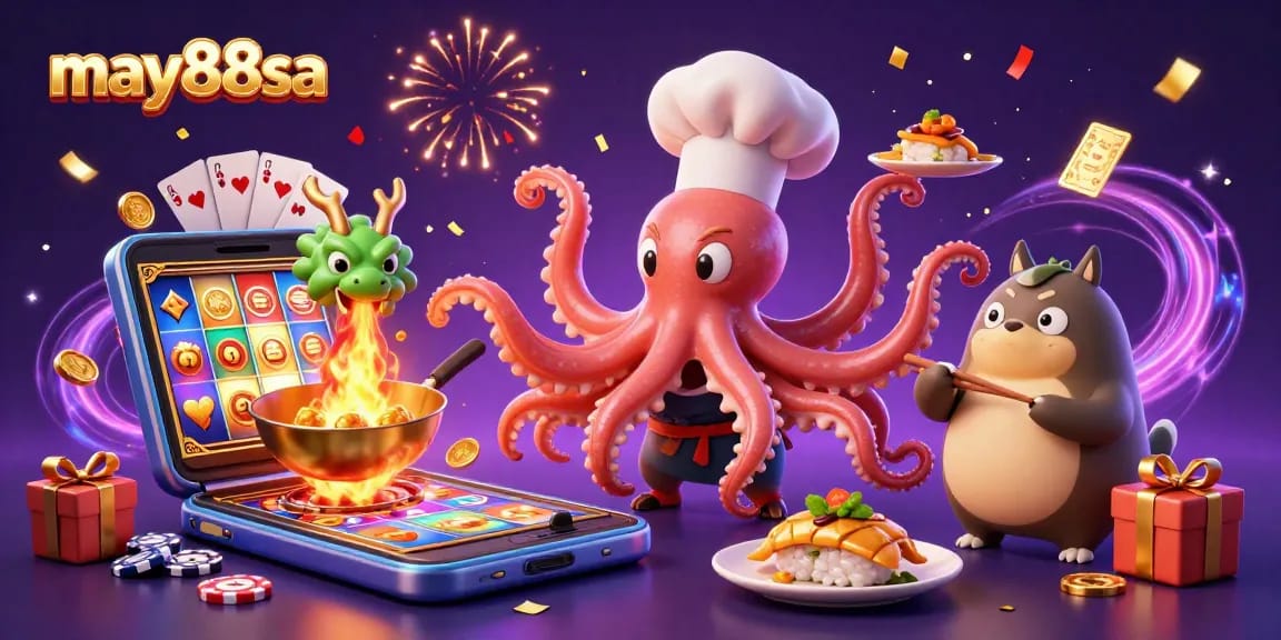 Experience the excitement of may88sa as vibrant characters celebrate with golden dishes and slot games.