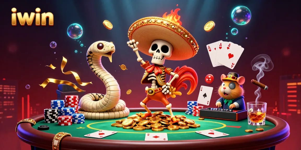 Experience iwin’s thrilling victory dance with vibrant characters and rich casino elements in a dynamic scene.