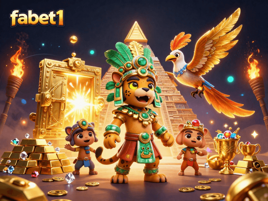 Experience the thrill of fabet1 with dynamic casino treasures and vibrant characters in a 3D illustration.