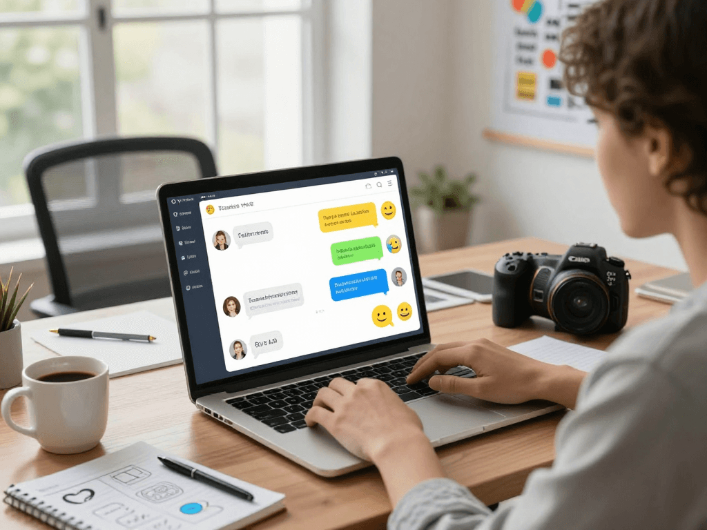 Engaging interaction with juicy chat ai on a laptop showcasing vibrant dialogue and productivity elements in a modern workspace.