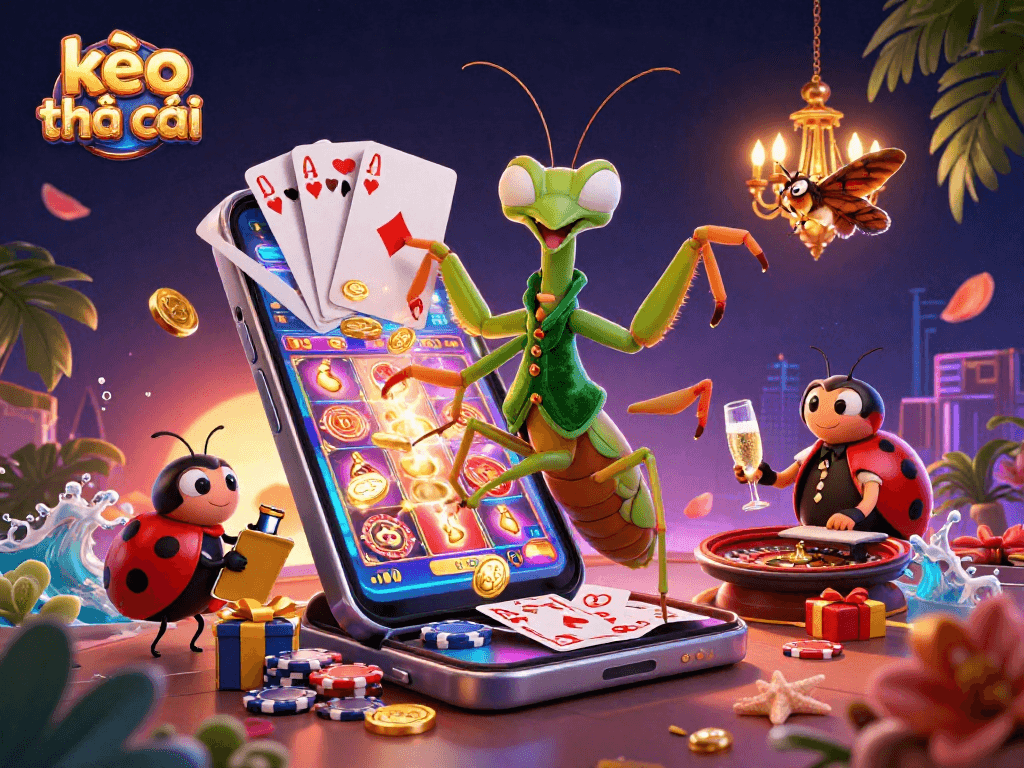 Engage with kèo nhà cái in this vibrant 3D illustration featuring dynamic casino elements and characters.