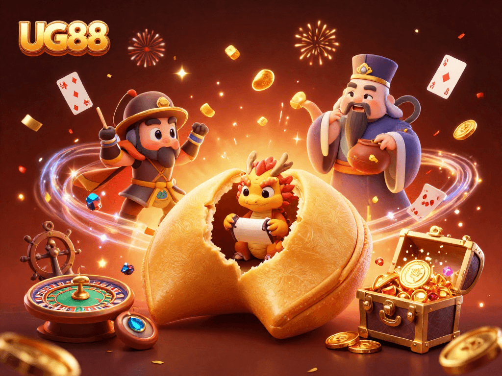 Experience the excitement with UG88's golden fortune cookie scene amidst vibrant casino elements.