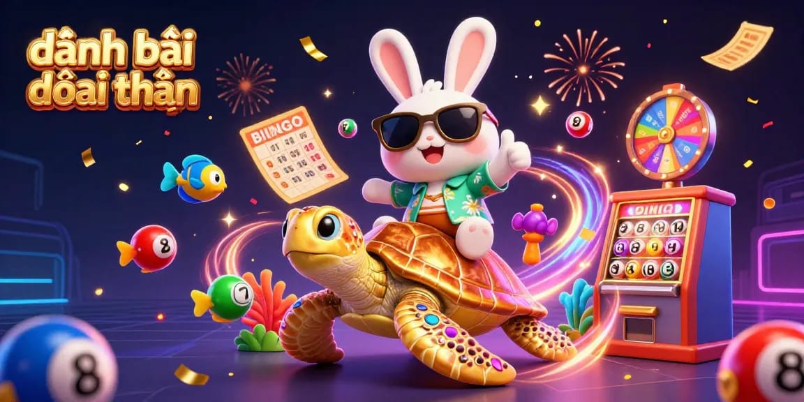 Engage in đánh bài đổi thưởng with a lively scene of a cartoon rabbit riding a golden turtle amidst vibrant casino elements like lottery balls and confetti.