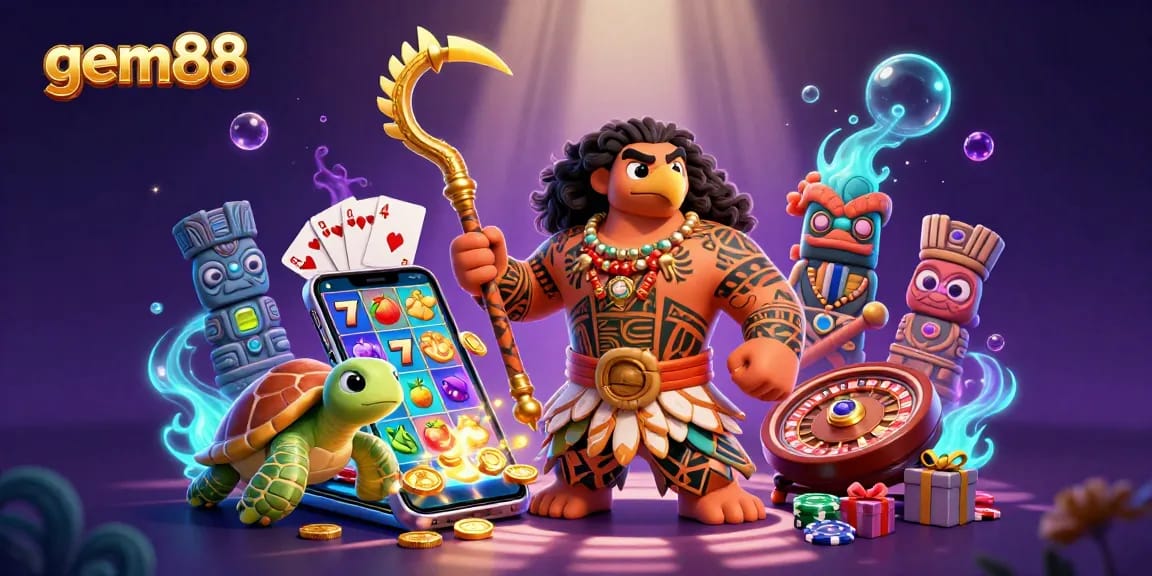Experience the thrill of gem88 with a lively scene featuring a vibrant Polynesian demigod and tropical casino elements.