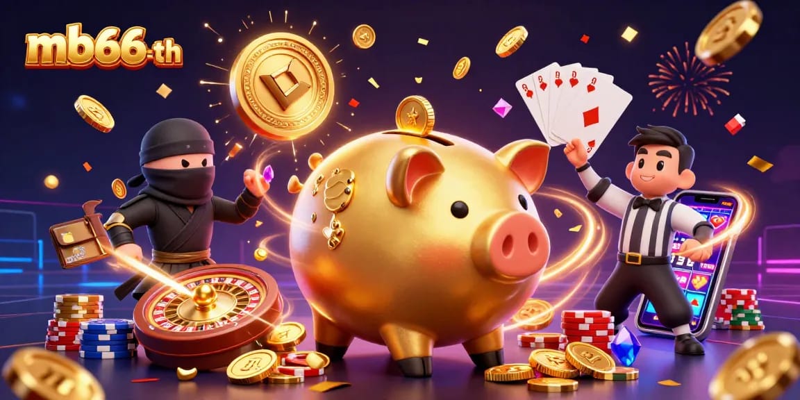 Win big with mb66-th at an exciting casino showdown featuring a golden piggy bank wrestler.