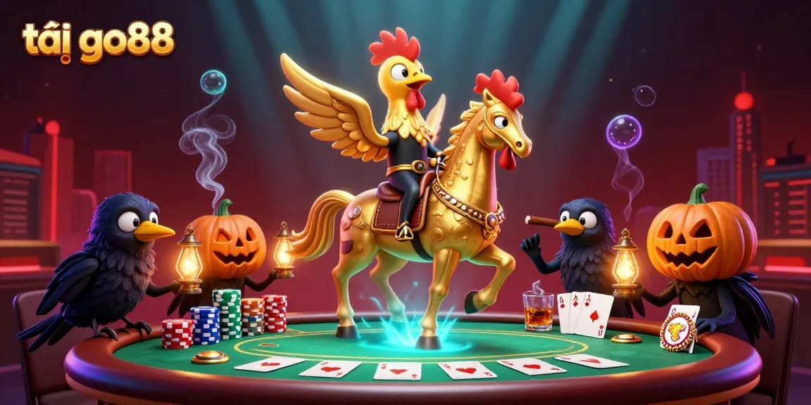 Engage in exciting poker action with tải go88 in this vibrant 3D casino scene featuring a golden rooster.