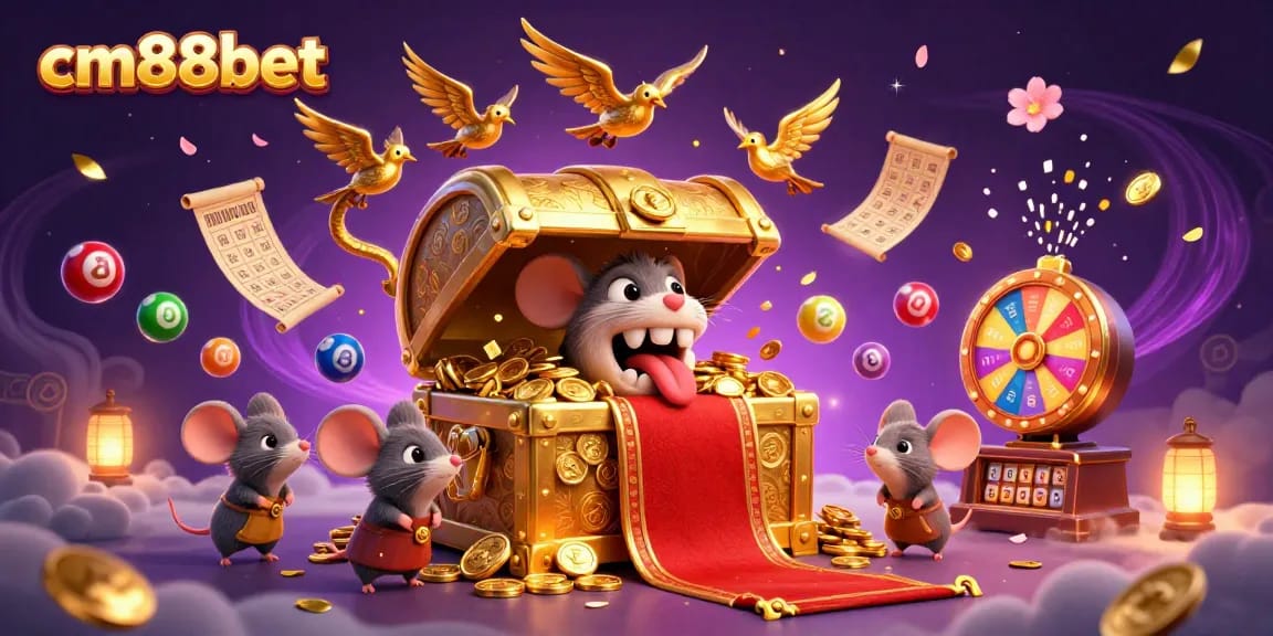 Engage with cm88bet's vibrant casino games featuring a golden treasure chest surrounded by colorful lottery elements.