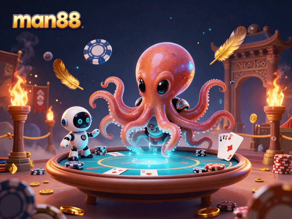 Experience man88's thrilling holographic poker scene featuring an alien octopus and robot.